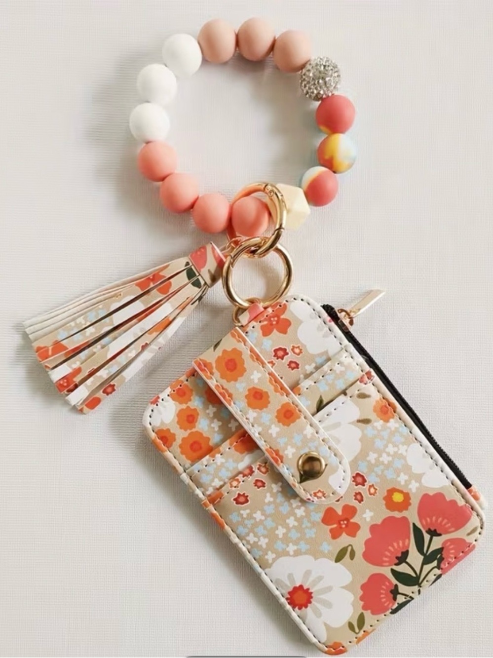 Floral Card Wallet Keychain with Peach Beaded Wristlet